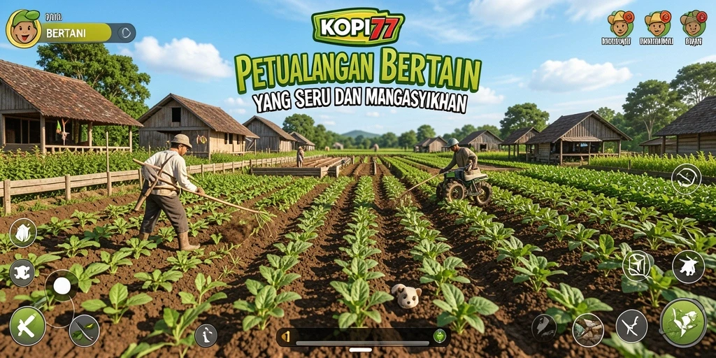 Screenshot antarmuka permainan KOPI77 yang menunjukkan kegiatan bertani.