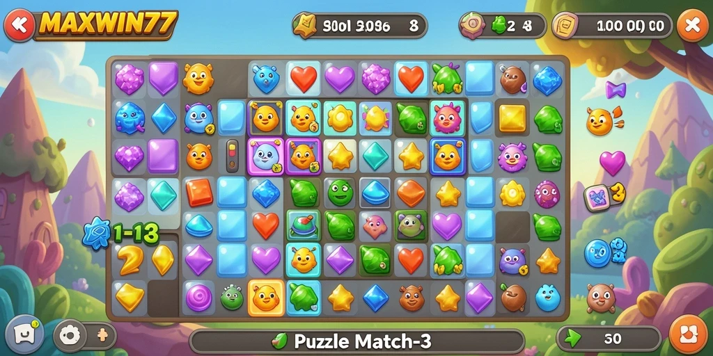Tampilan utama <strong>MAXWIN77</strong> yang menawan dengan antarmuka permainan Puzzle Match-3.